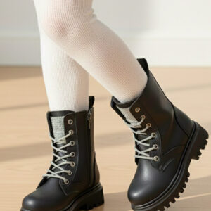 Kız Çocuk Siyah Postal Bot Taş Detaylı Bağcıklı Fermuarlı