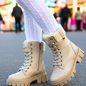 Kız Çocuk Kürklü Kalın Tabanlı Bot – Bej, Bağcıklı Fermuarlı, Kışlık Bot