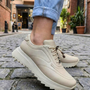Kadın Bej Bağcıklı Günlük Spor Ayakkabı Kalın Taban Rahat Yürüyüş Sneaker